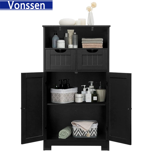 Vonssen Bathroom Cabinet Storage Cabinet with 2 Glass Doors 2 Shutter Doors Free Standing Floor Cabinet with 4 Shelves  SI-80143