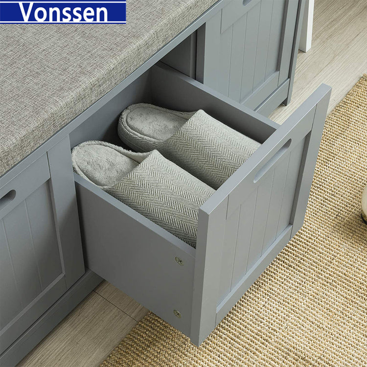 Vonssen 3 Seater Wooden Padded Shoe Bench Seat Cabinet Organiser Storage Drawers SI-20168