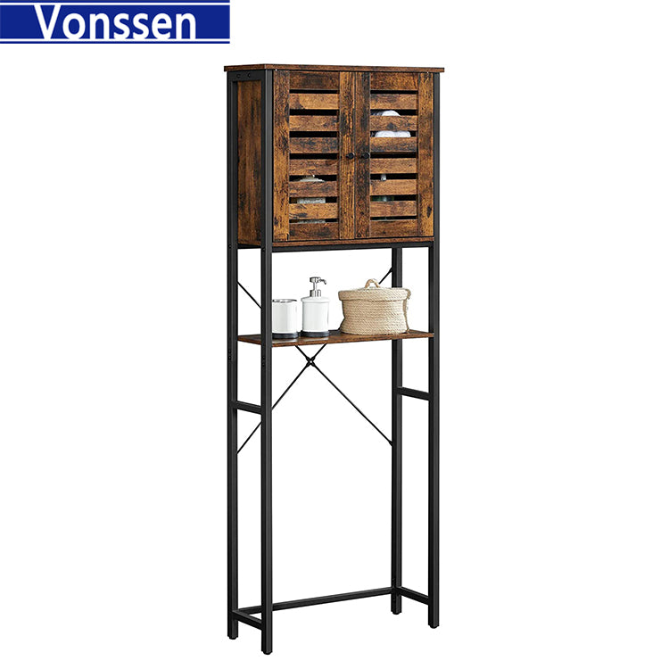 Vonssen Over-The-Toilet Storage Bathroom Organizer Cabinet with Cupboard and Shelf Steel Frame Easy Assembly Industrial Rustic Brown and Black VS1040700001