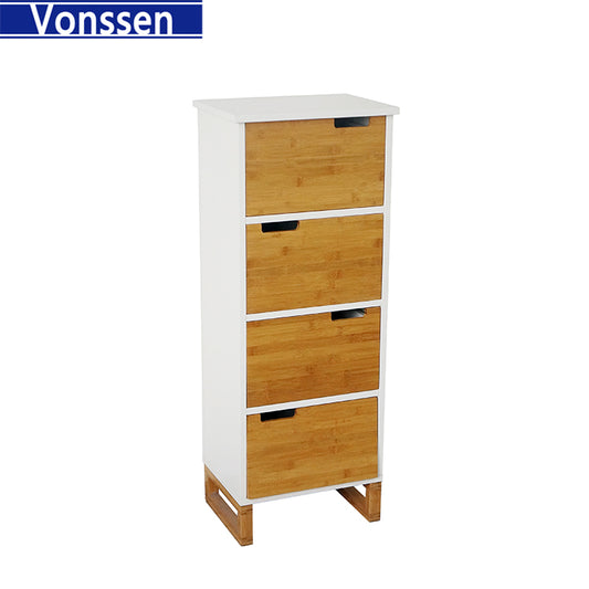 Vonssen Standing Shelf, Scandinavian Bookcase with Door MDF and Bamboo Side Cabinet Engineered Wood White SI-20283