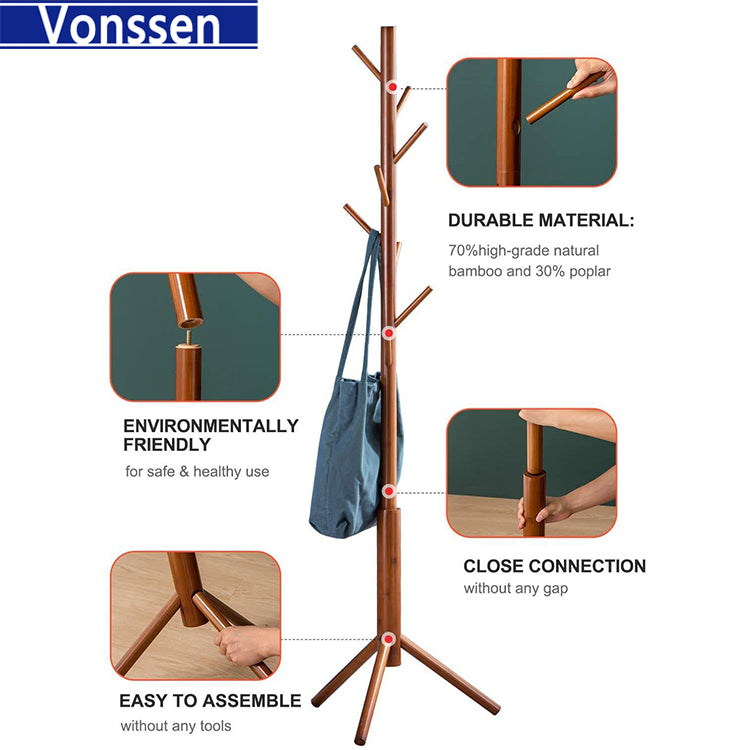 Vonssen Bamboo Coat Rack Freestanding Stand Tree Adjustable Coat with 3 Sections 8 Hooks Easy to Assemble Standing Coat Jackets Hanger for Bedroom Office Hallway Entryway Brown VS1060400021