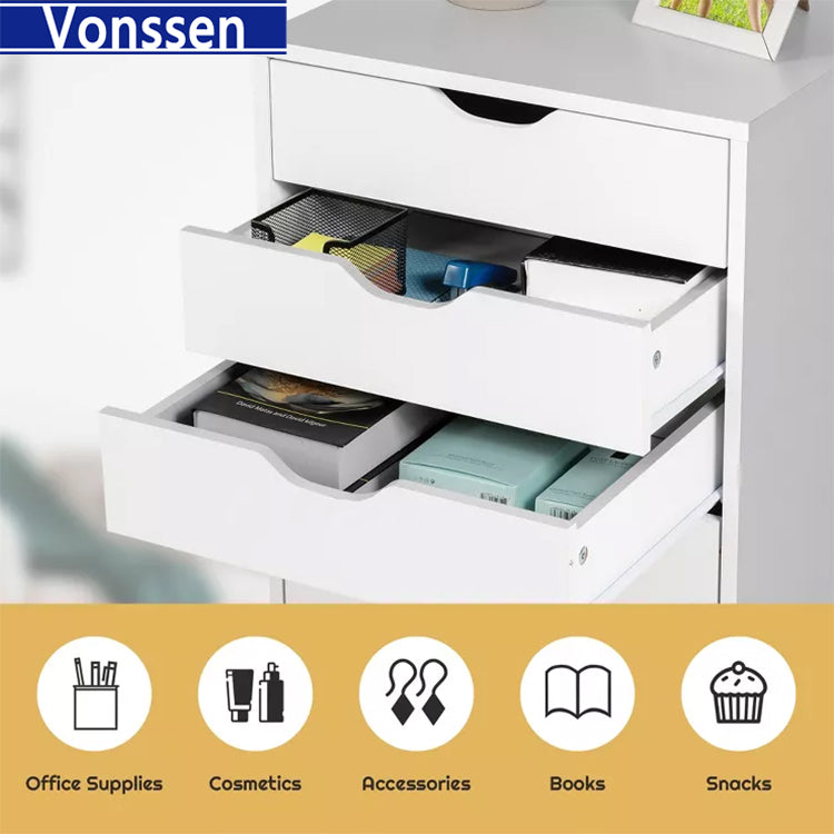 Vonssen Dressers Storage Cabinets Wooden Dresser White Mobile Cabinet with Wheels Room Organizer Rolling Small Drawers Wood Organization Furniture for Office SI-20051