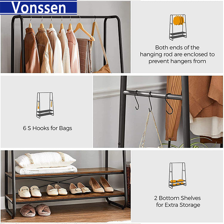 Vonssen Clothes Rack Clothing Rack for Hanging Clothes Garment Rack with 2 Shelves 6 S-Shaped Hooks Steel Frame for Bedroom Rustic Brown and Black VS1060400015