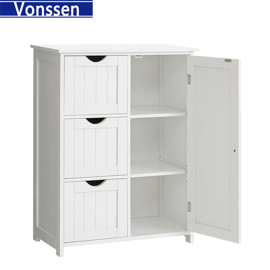 Vonssen Bathroom Floor Cabinet Wooden Storage Cabinet with 1 Door & 3 Drawer Free Standing Entryway Cupboard Spacesaver Cabinet VS1011100110 --