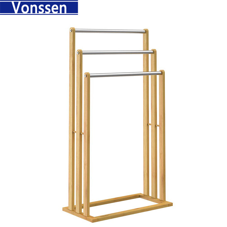 Vonssen Towel Holder Freestanding with 3 Towel Rail Towel Stand for Bathroom Wood Stainless Steel VS10412000803