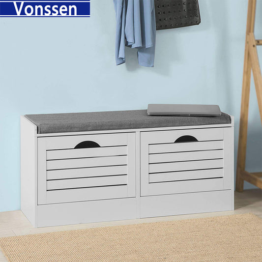 Vonssen White Storage Bench with 2 Drawers Removable Seat Cushion Shoe Cabinet Shoe Bench SI-20166