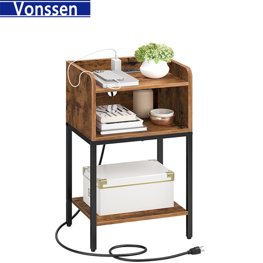 Vonssen Nightstand with Charging Station End Table with Open Drawer Side Table with USB Ports and Outlets VS1010400219 --