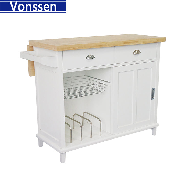 Vonssen Rolling Kitchen Island Kitchen Cart with Rubber wood Countertop Lockable Casters Adjustable Shelves SI-20239