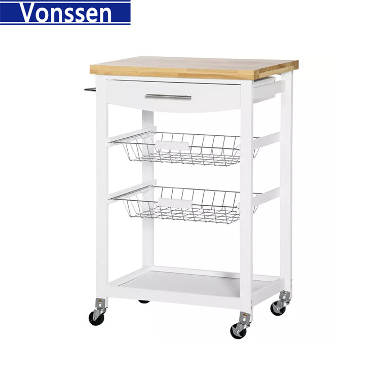 Vonssen Kitchen Trolley with Folding Top Country Style 3 Baskets Knife Block Bottle Rack Butler White MDF SI-20224