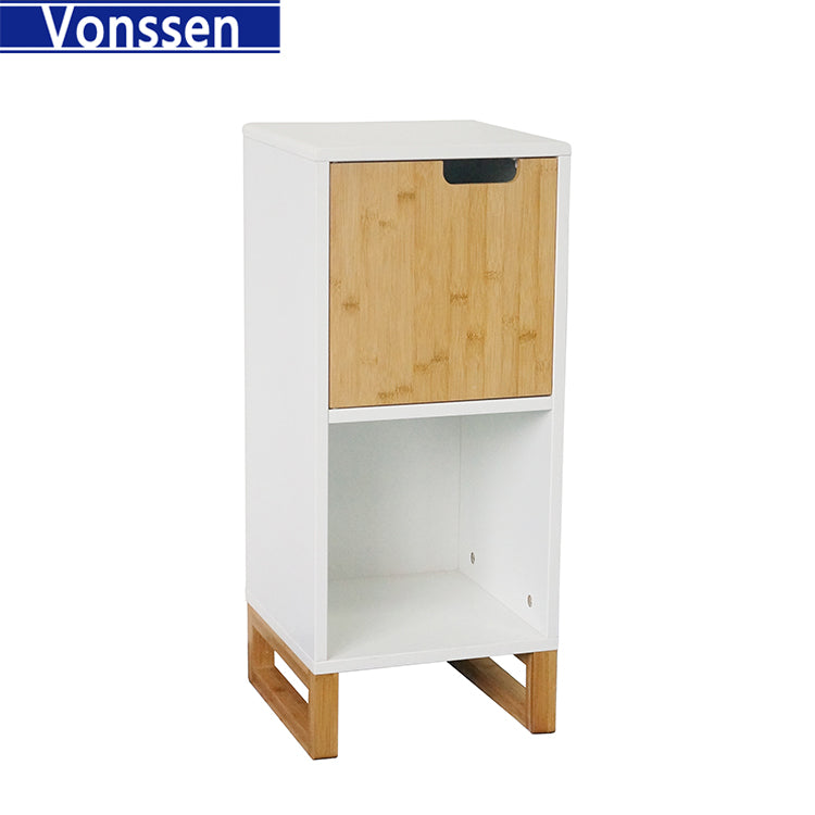 Vonssen Standing Shelf Scandinavian Bookcase with Door MDF and Bamboo Side Cabinet Engineered Wood White SI-20288