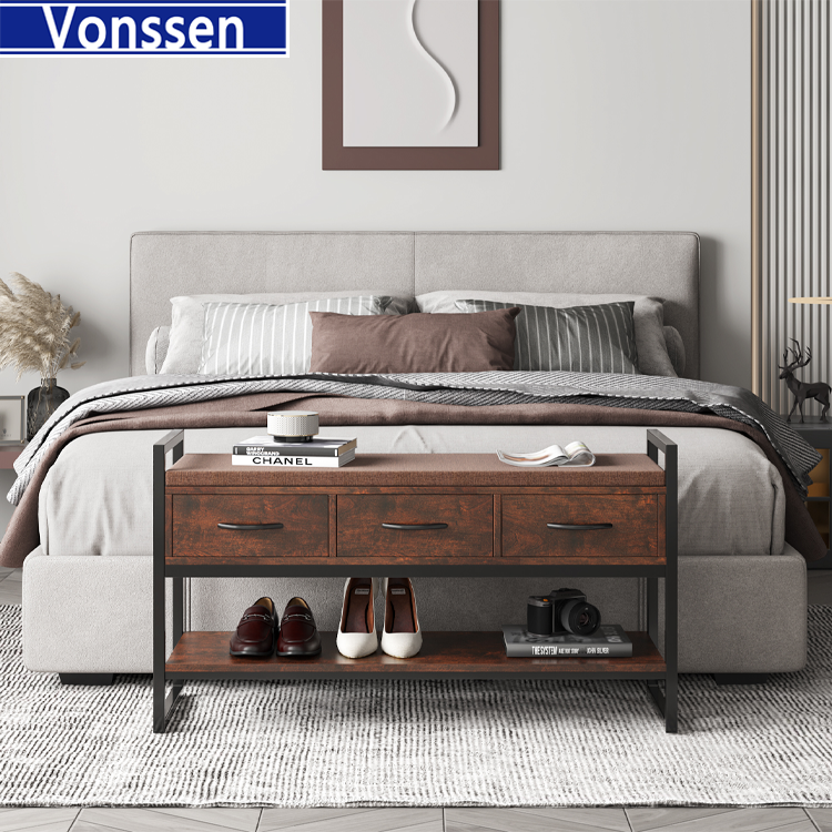 Vonssen  Shoe Bench Rack with Removable Cushion 2 Tier Shoe Bench with 3 Fabric Drawer for Entryway Bedroom Living Room Hallway Cherry VS1060200029