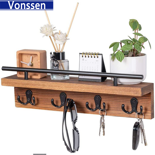 Vonssen Entryway Floating Shelf Wall Mounted Wood Key Holder Decorative Rustic Mail and Wallet Organizer with Vintage Hooks Small Wooden Hanger for Hanging Coat and Leash VS1011400069