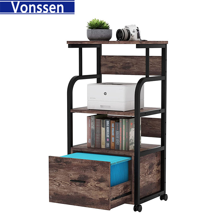 Vonssen Rolling Wheels File Cabinet with Storage Shelves and Drawer Spice Rack Organizer Rustic Brown VS1011600019