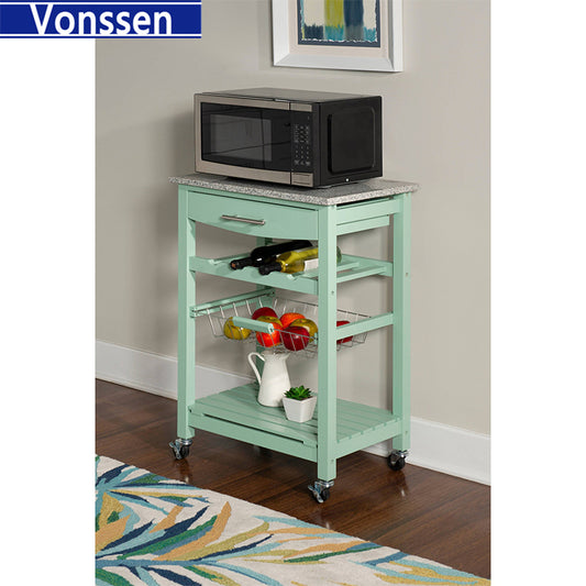 Vonssen Furniture Granite Top Pine Wood Rolling Kitchen Island Microwave Cart on Wheels with Storage in Green SI-80142