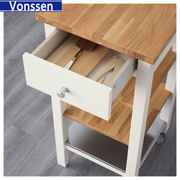 Vonssen Rolling Kitchen Cart Portable Kitchen Island Wood Top Kitchen Trolley with Drawers and Two-Tier Open Shelf Towel Rack SI-20119