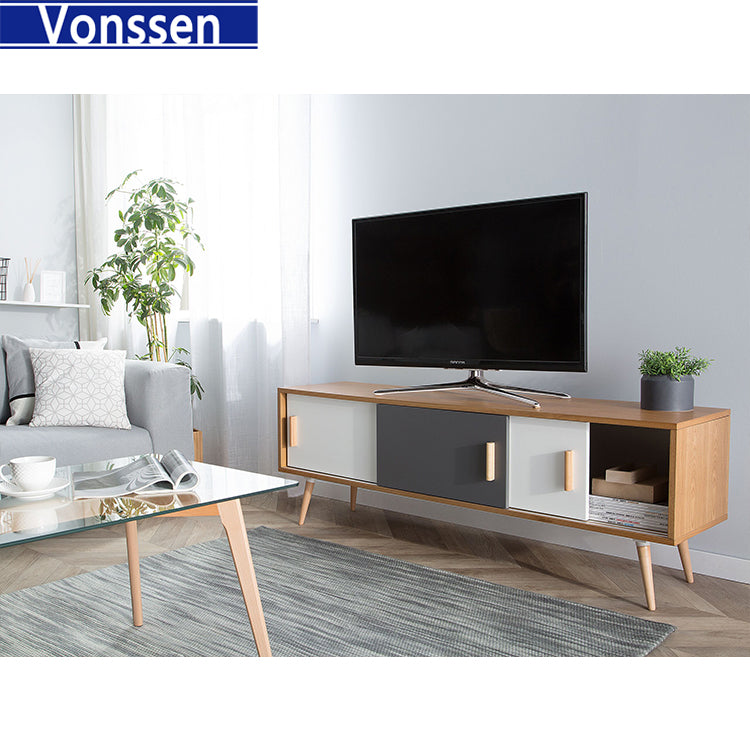 Modern Sideboard Solid Wood TV Stand Cable Management Hole White Grey 9604