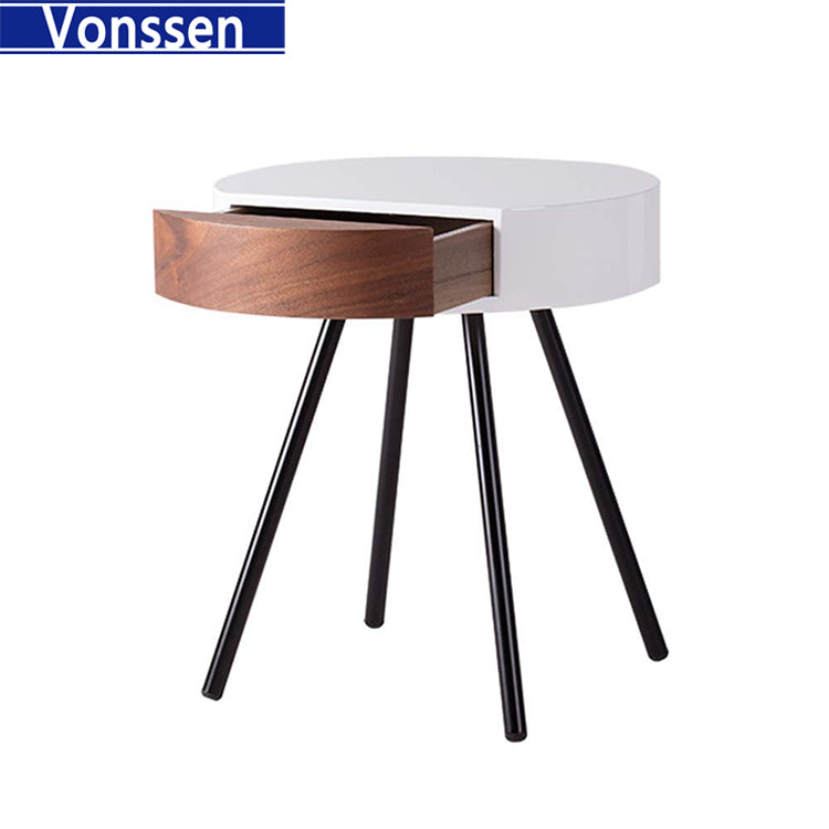 Vonssen Small Round Side Table with Drawer,Heavy Duty Metal Legs Farmhouse Side Table, Nightstand End Table Accent Coffee End Table for Living Room Bedroom Office SI-20076