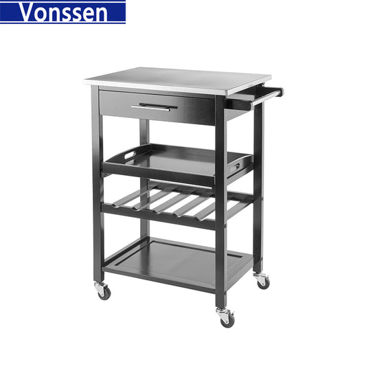 Vonssen Black Microwave Cart Small Kitchen Island on Wheels with Wood Top and Drawer Multipurpose Utility Cart with Open Storage Shelf for Small Places SI-30036