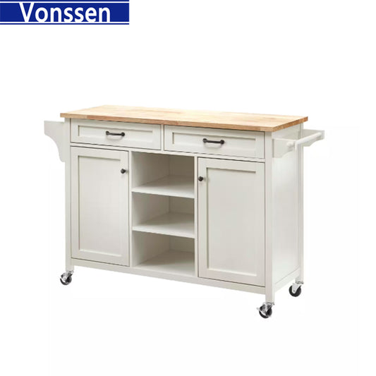 Vonssen White Rolling Kitchen Cart with Butcher Block Top and Double-Drawer Storage SI-20261