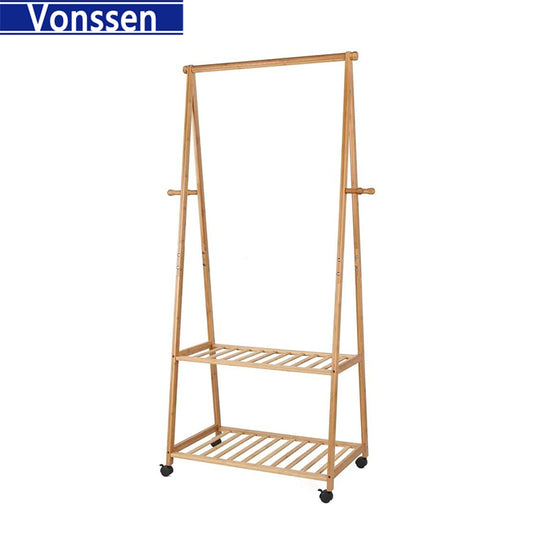 Vonssen Bamboo Clothes Hanging Rack with 2 Tier Storage Shelves and 2 Coat Hooks Portable Laundry Rack Cloest Organizer Garment Rack For Bedroom Laundry Room Entryway and Living Room VS1060400039