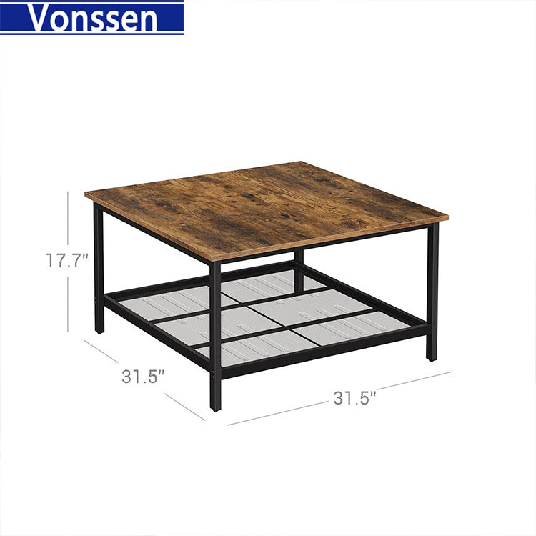 Vonssen Coffee Table Square Cocktail Table with Spacious Table Top Robust Steel Frame and Mesh Storage Shelf Industrial Style for Living Room Rustic Brown and Black SI-30171