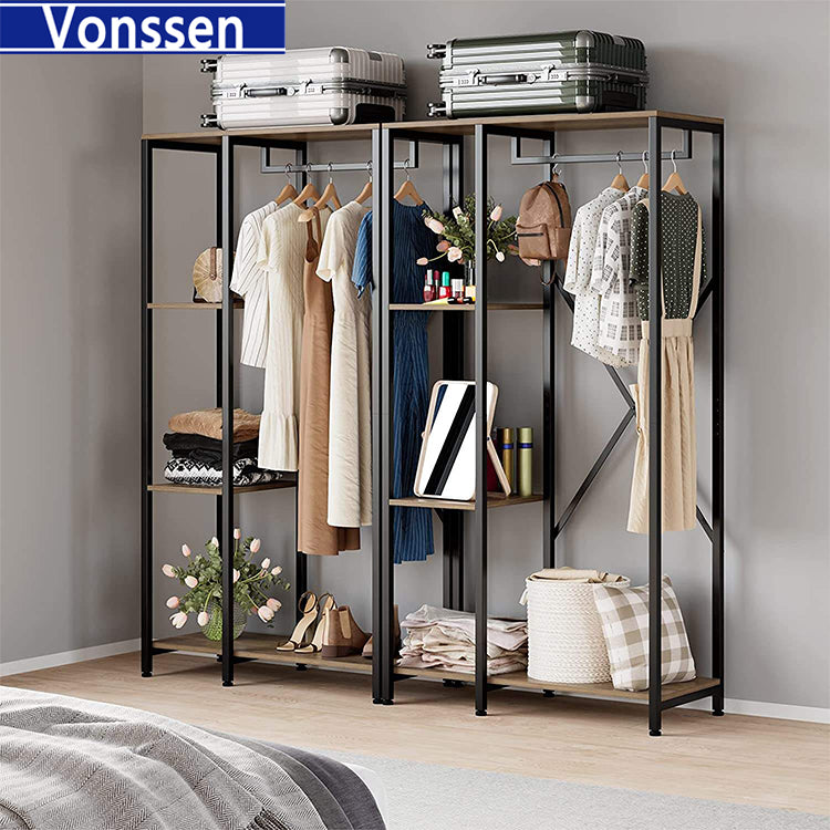 Vonssen Free-standing Closet Organzier Wood and Metal Garment Rack with Shelves and Hanging Rod Heavy Duty Clothing Rack for Bedroom Living Room Rustic Brown VS1060400020