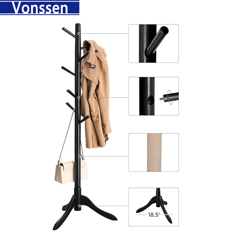 Vonssen Wooden Tree Coat Rack Freestanding Entryway Coat Stand with 8 Hooks Height Adjustable Coat Tree Rubber Wood Coat Hanger Stand for Home Office Hall Entryway VS1060400009