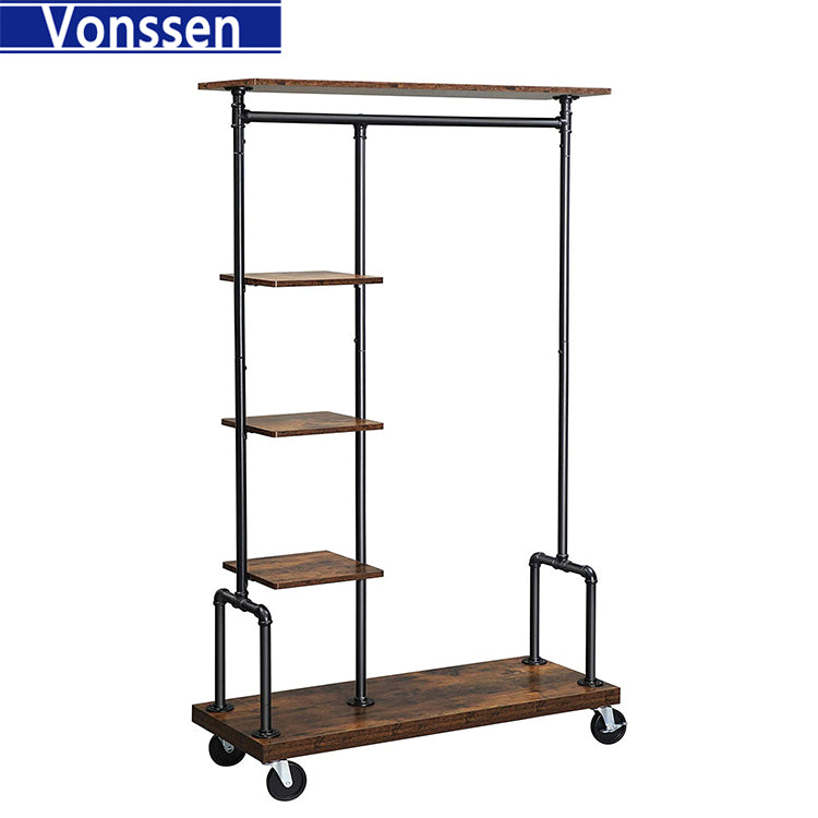 Vonssen  Clothes Rack Clothing Garment Rack on Wheels Rolling Clothes Organizer with 5-Tier Industrial Pipe Style Rustic Brown VS1060400018