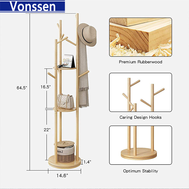 Vonssen Coat Rack Stand Clothes Rack Stand Wooden Rotated 3 Tier Shelf Strong Load Bearing Hallway Entryway Closet Bedroom for Hang Clothes Hat Handbag Purses Shoe Storage VS1060400013