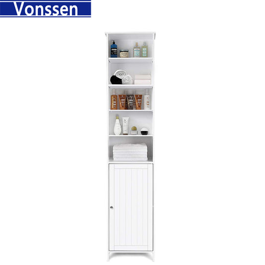 Vonssen Tall Cabinet WATERJOY Standing Tall Storage Cabinet Wooden White Bathroom Cupboard with Door and 5 Adjustable Shelves Elegant and Space-Saving SI-80148