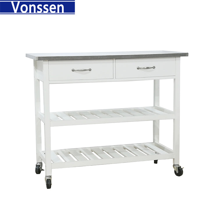 Vonssen Wood Kitchen Cart with 2 Shelves 2 Drawers Towel Rack White and Gray SI-20159