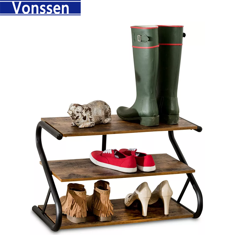 Vonssen Modern Industrial Metal Wood 3-Tier Shoe Rack Holds up to 9 Pair of Shoes VS1060200028