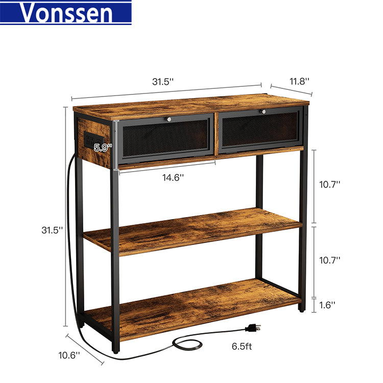 Vonssen Console Table with Charging Station Entryway Table with Doors Sofa Table Narrow Long with 3 Tiers Open Wood Storage Shelves VS1010400123