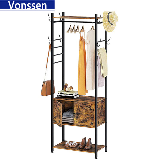 Vonssen Hall Tree with Shelf and Storage Cabinet Entryway Bench with 4 Side Hooks VS1060400007