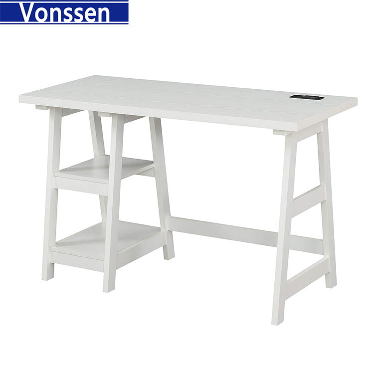 Vonssen Trestle Computer Desk Home Office Workstation w/Removable Shelves Vintage White SI-20081