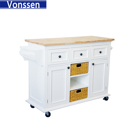 Vonssen Rolling Kitchen Island Cart with Storage Wood Trolley Cart with Spice and Towel Rack Mobile Kitchen Storage Cabinet Island Table on Wheels Serving Cart with Cabinet and Drawers SI-20214