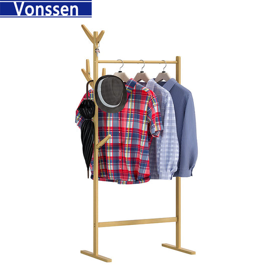 Vonssen Bamboo Coat Rack Single Rail Bamboo Garment Rack with 8 Side Hook Tree Stand Coat Hanger and Four Stable Leveling Feet for Jacket Umbrella Clothes Hats Scarf and Handbags VS1060400038