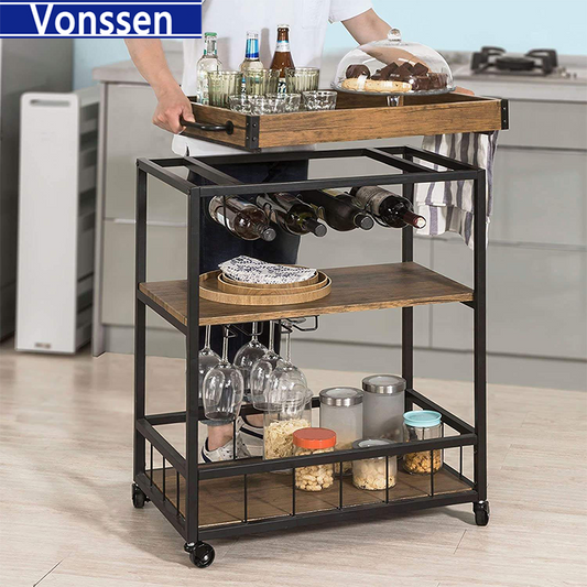 Vonssen Bar Serving Cart Home Myra Rustic Mobile Kitchen Serving cart with Removable Tray Industrial Vintage Style Wood Metal Serving Trolley (Brown) VS1030800015