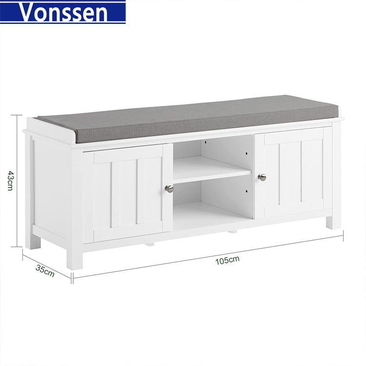 Vonssen White Storage Bench with 2 Doors Shelf Removable Seat Cushion Shoe Cabinet SI-20342