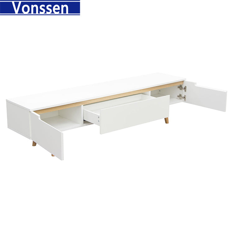 Low Profile Entertainment Cabinet TV Stand in White with Oak Legs 9963