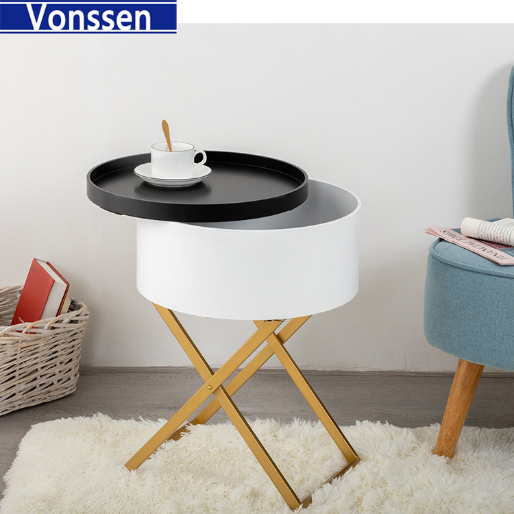 Vonssen Side Table Round Coffee Table with Tray End Table Wooden Sofa Table Rotatable Small Storage Organizer X-shaped metal table legs VS1010400085