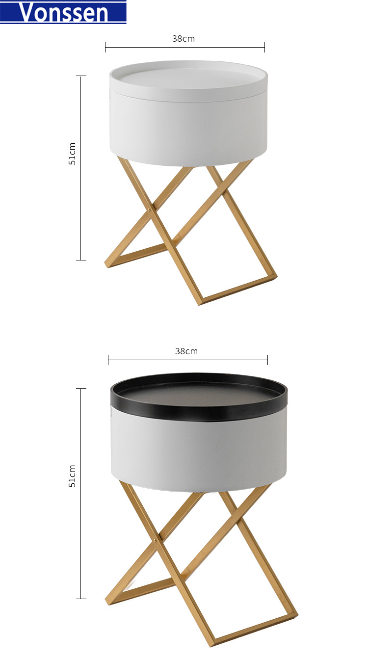 Vonssen Side Table Round Coffee Table with Tray End Table Wooden Sofa Table Rotatable Small Storage Organizer X-shaped metal table legs VS1010400085