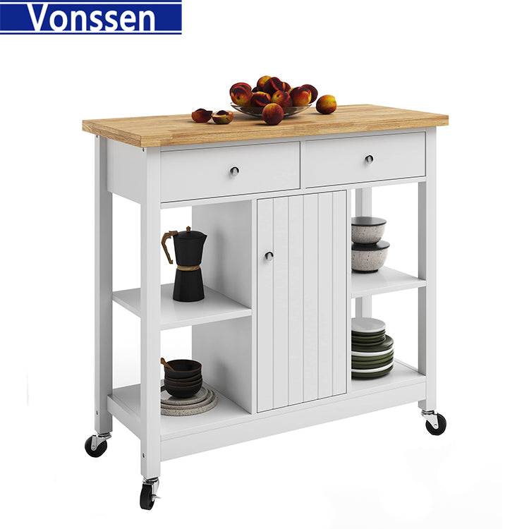 Vonssen Home Kitchen Island with Drawers – Rolling Cart with Locking Casters – Use as Coffee Bar, Microwave Stand, or Shelves for Storage  SI-80058