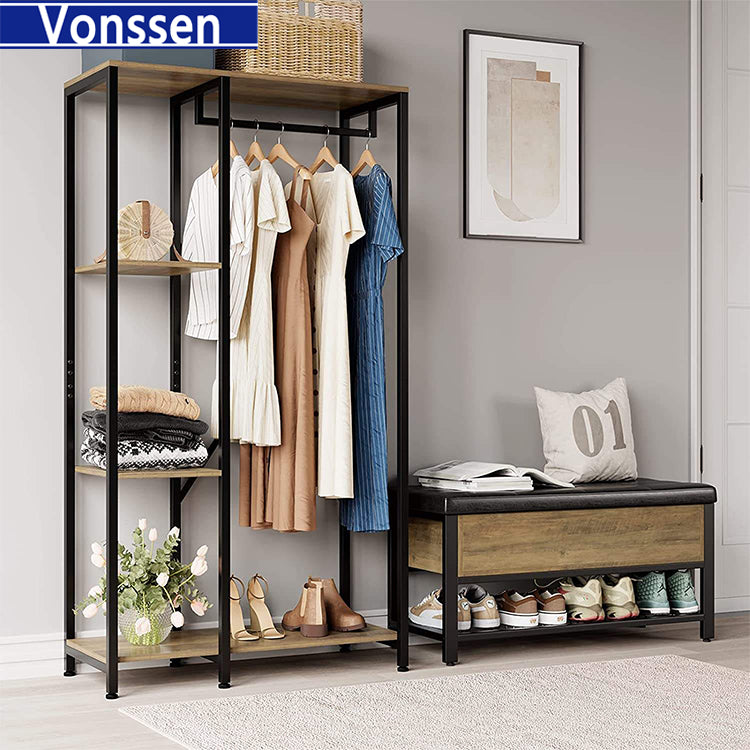 Vonssen Free-standing Closet Organzier Wood and Metal Garment Rack with Shelves and Hanging Rod Heavy Duty Clothing Rack for Bedroom Living Room Rustic Brown VS1060400020