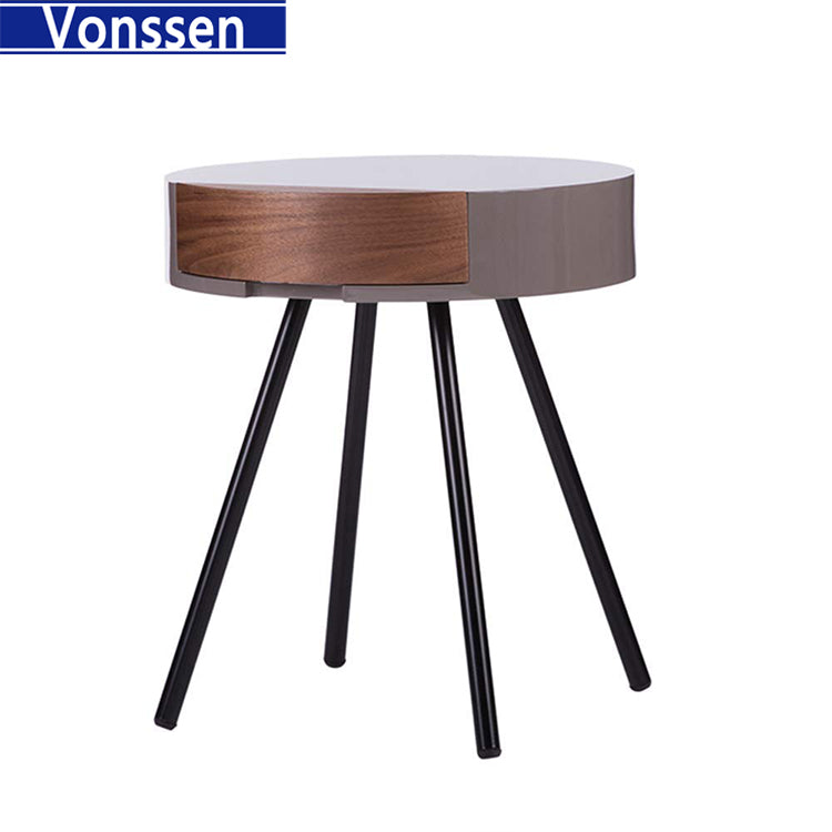 Vonssen Small Round Side Table with Drawer,Heavy Duty Metal Legs Farmhouse Side Table, Nightstand End Table Accent Coffee End Table for Living Room Bedroom Office SI-20076