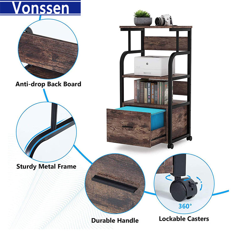 Vonssen Rolling Wheels File Cabinet with Storage Shelves and Drawer Spice Rack Organizer Rustic Brown VS1011600019