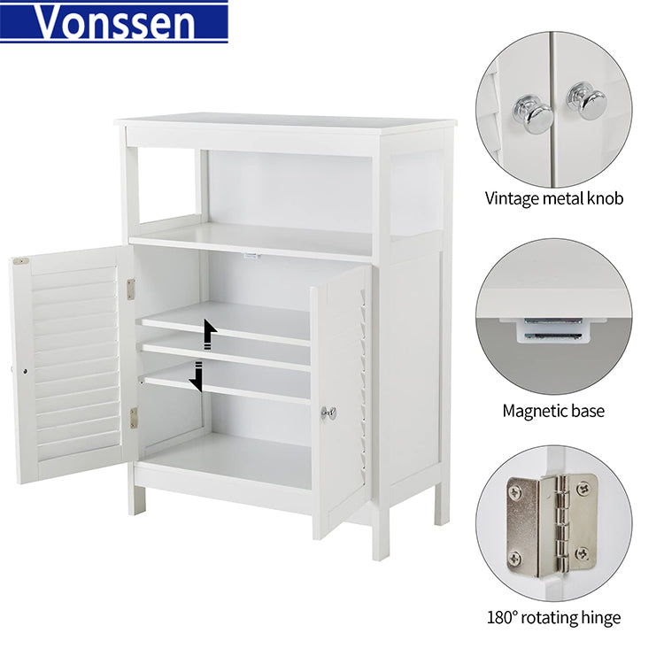 Vonssen Bathroom Floor Cabinets Freestanding Storage Cabinet with Shelves and Shutter Doors Small Wooden Cupboard White Side Cabinet  SI-80145