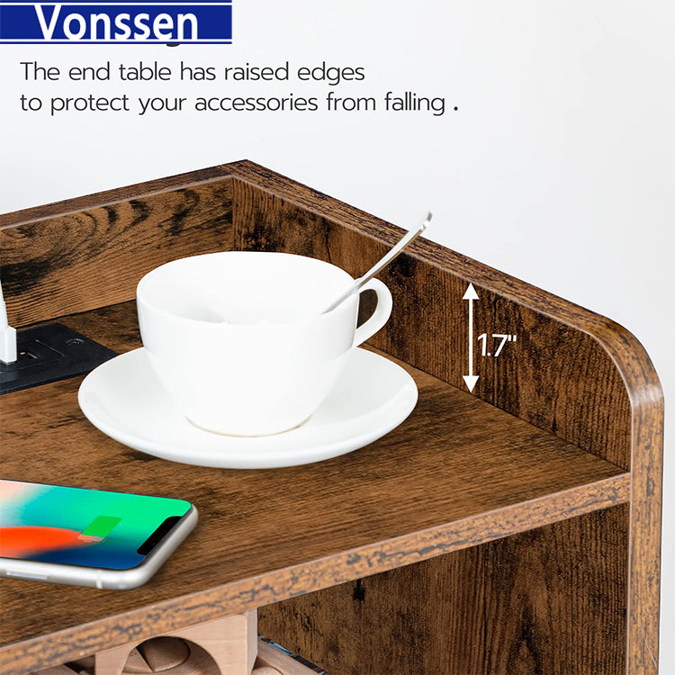 Vonssen Nightstand with Charging Station End Table with Open Drawer Side Table with USB Ports and Outlets VS1010400219 --