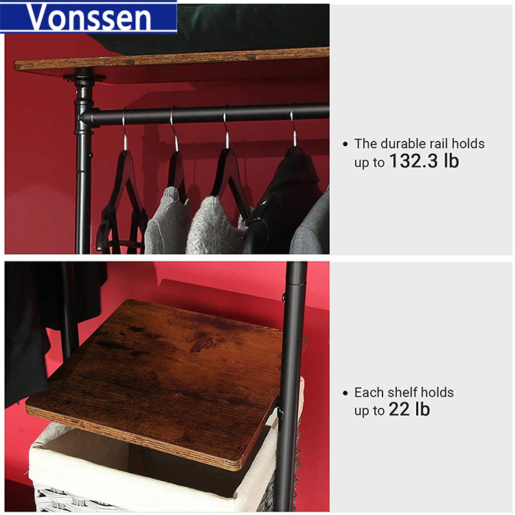 Vonssen  Clothes Rack Clothing Garment Rack on Wheels Rolling Clothes Organizer with 5-Tier Industrial Pipe Style Rustic Brown VS1060400018