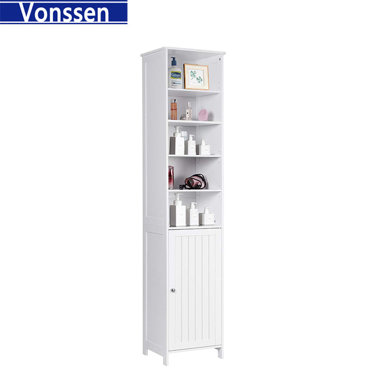 Vonssen Tall Cabinet WATERJOY Standing Tall Storage Cabinet Wooden White Bathroom Cupboard with Door and 5 Adjustable Shelves Elegant and Space-Saving SI-80148